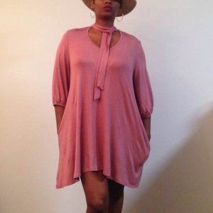 Tie neck tunic dress with pockets